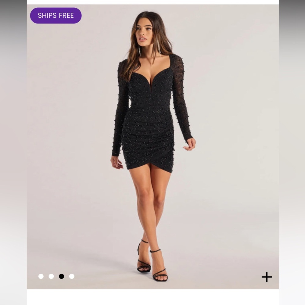 Emma Faux Pearl Beaded Long Sleeve Bodycon Dress — Small